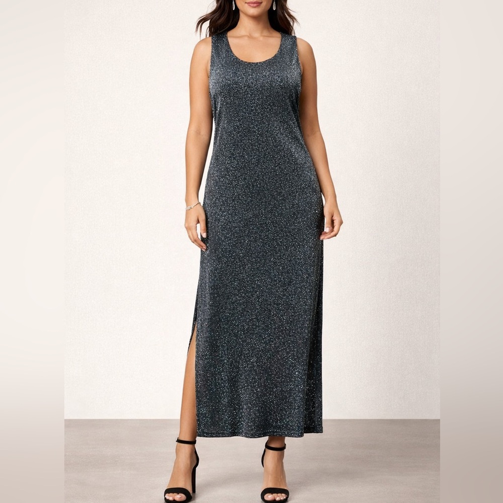 Rabbit Designs black silver metallic maxi dress sleeveless evening occassion 14W